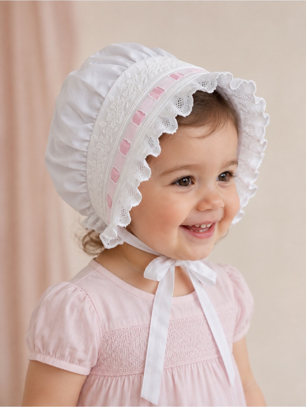 Vintage Baby Girl Bonnet 18 Months White Eyelet Lace Pink Ribbon Made in USA